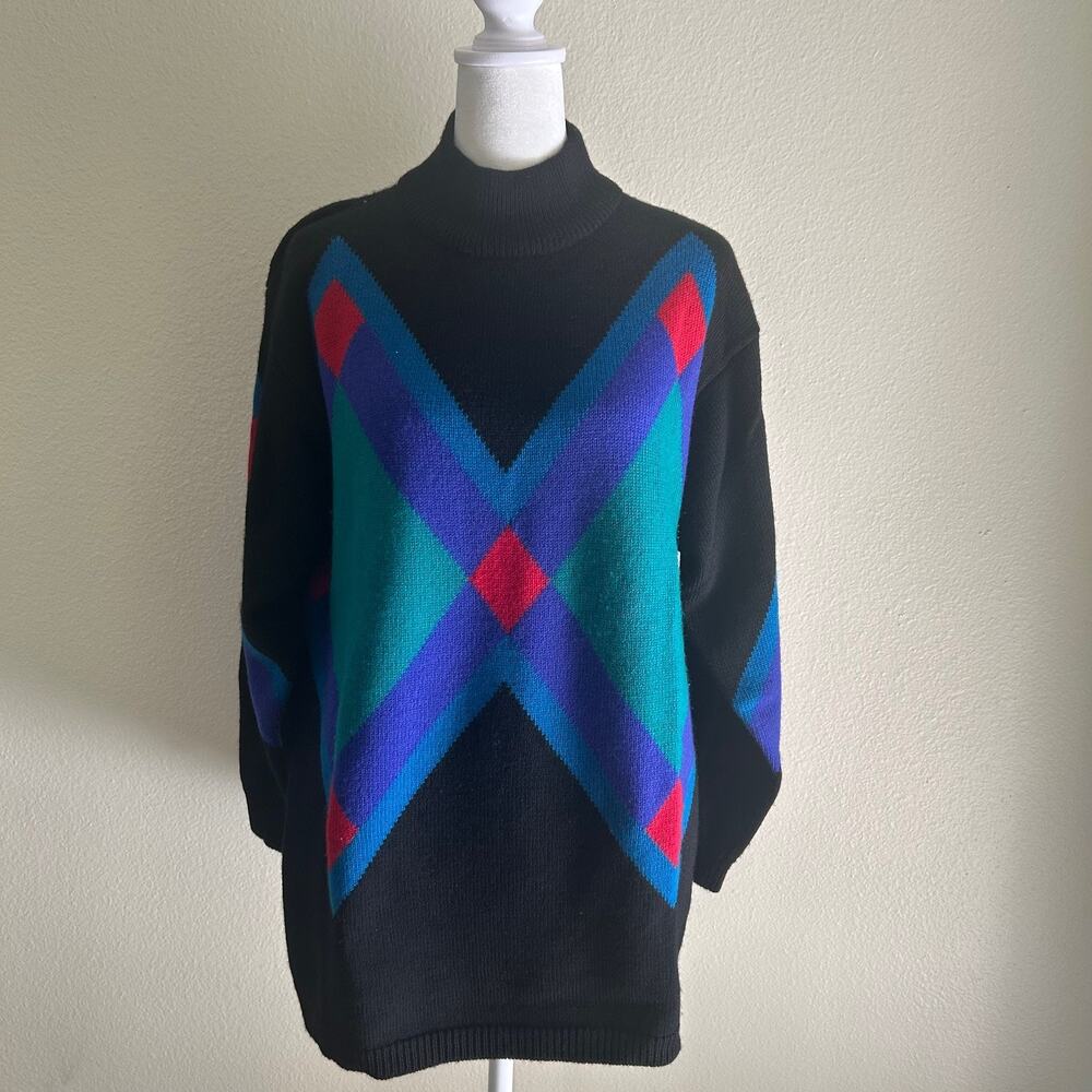 Liz Claiborne Black Sweater with Teal, Purple & Red Geometric Accents